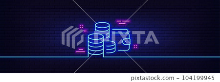 Neon light glow effect. Wallet line icon. Money purse sign. Cash budget symbol. 3d line neon glow icon. Brick wall banner. Wallet outline. Vector Neon light glow effect. Wallet line icon. Money purse sign. Cash budget symbol. 3d line neon glow icon. Brick wall banner. Wallet outline. Vector 104199945