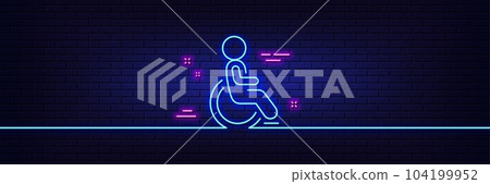 Neon light glow effect. Disability person line icon. Wheelchair user sign. Person transportation symbol. 3d line neon glow icon. Brick wall banner. Disability outline. Vector Neon light glow effect. Disability person line icon. Wheelchair user sign. Person transportation symbol. 3d line neon glow icon. Brick wall banner. Disability outline. Vector 104199952