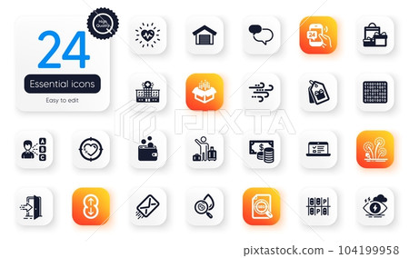 Set of Business flat icons. Chat message, Scroll down and 24h service elements for web application. Water analysis, Opinion, Coupons icons. Shopping, Web lectures, Heartbeat elements. Vector Set of Business flat icons. Chat message, Scroll down and 24h service elements for web application. Water analysis, Opinion, Coupons icons. Shopping, Web lectures, Heartbeat elements. Vector 104199958