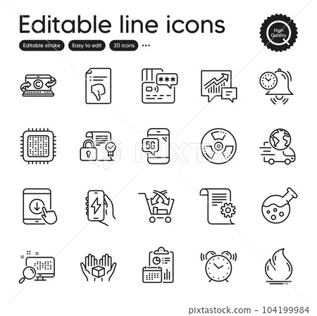 Set of Technology outline icons. Contains icons as Charging app, Technical documentation and Cross sell elements. Thumb down, Search, Security contract web signs. Card, Hold box. Vector Set of Technology outline icons. Contains icons as Charging app, Technical documentation and Cross sell elements. Thumb down, Search, Security contract web signs. Card, Hold box. Vector 104199984