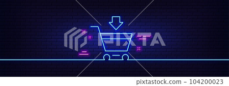 Neon light glow effect. Add to Shopping cart line icon. Online buying sign. Supermarket basket symbol. 3d line neon glow icon. Brick wall banner. Online market outline. Vector 104200023