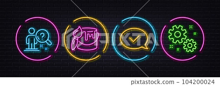 Approved message, Search employee and Brush minimal line icons. Neon laser 3d lights. Work icons. For web, application, printing. Accepted chat, Questions for candidate, Art brush. Settings. Vector 104200024