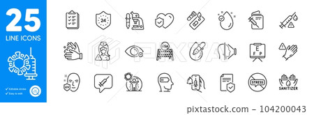 Outline icons set. Microscope, 24 hours and Vaccine attention icons. Covid test, Vaccine announcement, Face id web elements. Insurance policy, Nurse, Life insurance signs. Vector 104200043