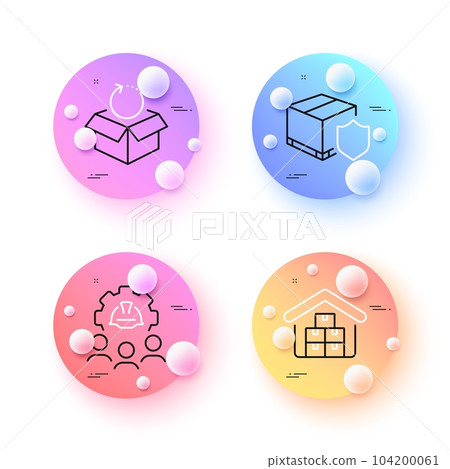 Wholesale goods, Return package and Delivery insurance minimal line icons. 3d spheres or balls buttons. Engineering team icons. For web, application, printing. Vector 104200061