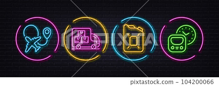 Delivery truck, Airplane and Canister oil minimal line icons. Neon laser 3d lights. Metro icons. For web, application, printing. Warehouse pallet, Plane, Gasoline fuel. Subway timetable. Vector 104200066