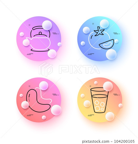 Teapot, Tomato and Cashew nut minimal line icons. 3d spheres or balls buttons. Ice tea icons. For web, application, printing. Tea kettle, Fresh vegetable, Vegetarian food. Soda beverage. Vector Teapot, Tomato and Cashew nut minimal line icons. 3d spheres or balls buttons. Ice tea icons. For web, application, printing. Tea kettle, Fresh vegetable, Vegetarian food. Soda beverage. Vector 104200105