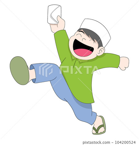 happy face boy is jumping carrying money envelope 104200524
