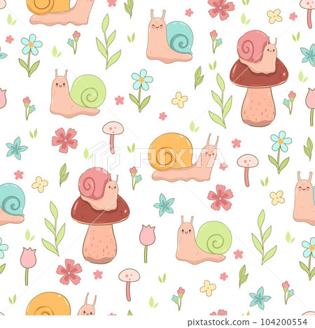 Seamless pattern with cute snails and flowers on a white background. Vector graphics. 104200554