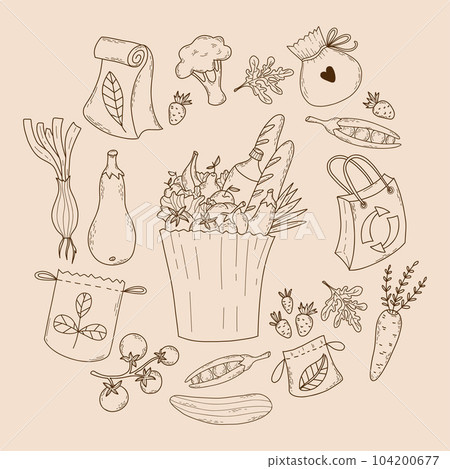 Collection Eco bag with food, vegetables and paper bags. Isolated vector outline hand drawings products and packaging bags and pouches. Collection Eco bag with food, vegetables and paper bags. Isolated vector outline hand drawings products and packaging bags and pouches. 104200677