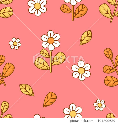 Floral seamless pattern with flower on pink background. Groovy vector Illustration for wallpaper, design, textile, packaging, decor. Floral seamless pattern with flower on pink background. Groovy vector Illustration for wallpaper, design, textile, packaging, decor. 104200689