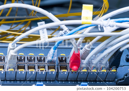 detail of ethernet cables connected to switch ports 104200753