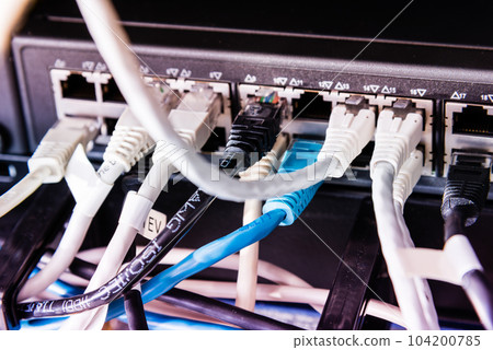 colorful patch cables connected to switch - high speed internet concept 104200785