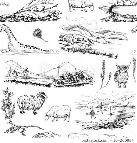 Ink hand drawn graphic vector sketch. Seamless pattern, scottish symbol landscapes and animals. Sheep, hairy coo cow, Loch Ness monster, heather. Design for wallpaper, print, paper, textile, fabric Ink hand drawn graphic vector sketch. Seamless pattern, scottish symbol landscapes and animals. Sheep, hairy coo cow, Loch Ness monster, heather. Design for wallpaper, print, paper, textile, fabric 104200994