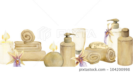 Hand drawn watercolor spa skincare bath beauty products package. Seamless horizontal banner. Isolated on white background. Design for wall art, wellness resort, print, fabric, cover, card, booklet. 104200998