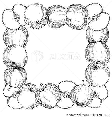 Hand drawn ink apple fruits, ripe full and slices, monochrome vector, detailed outline Square frame composition. Isolated object on white background. Design for wall art, wedding, print, fabric, card. Hand drawn ink apple fruits, ripe full and slices, monochrome vector, detailed outline Square frame composition. Isolated object on white background. Design for wall art, wedding, print, fabric, card. 104201000
