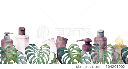 Hand drawn watercolor spa skincare bath beauty products package. Seamless horizontal banner. Isolated on white background. Design for wall art, wellness resort, print, fabric, cover, card, booklet. Hand drawn watercolor spa skincare bath beauty products package. Seamless horizontal banner. Isolated on white background. Design for wall art, wellness resort, print, fabric, cover, card, booklet. 104201002