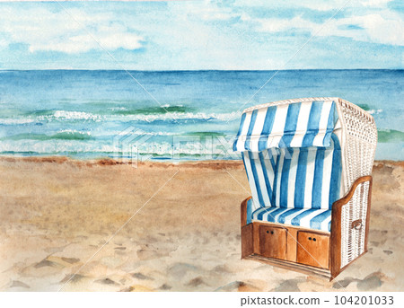 Baltic sea beach and hooded beach chair, Strandkorb. Ostsee Panorama. Sunny Weather, blue sky with clouds. Hand drawn watercolor illustration. 104201033