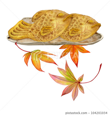 Watercolor hand drawn traditional Japanese sweets. Ceramic dish, taiyaki, autumn maple leaves. Isolated on white background. Design for invitations, restaurant menu, greeting cards, print, textile 104201034