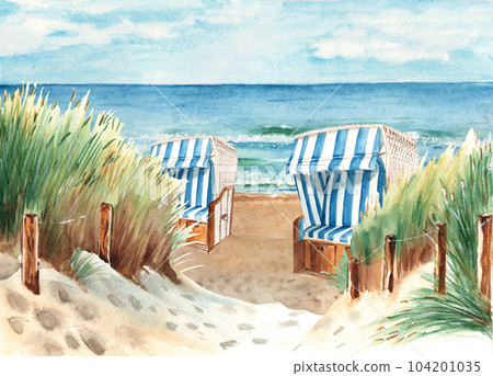 Baltic sea beach with sand dunes and hooded beach chairs, Strandkorb. Ostsee Panorama. Sunny Weather, blue sky with clouds. Hand drawn watercolor illustration. 104201035