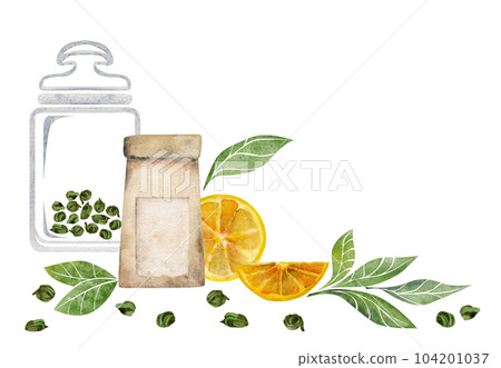 Watercolor hand drawn illustration. Tea green leaves, glass storage jar, paper bag, lemon slices. Isolated on white background. For invitations, cafe, restaurant food menu, print, website, cards 104201037
