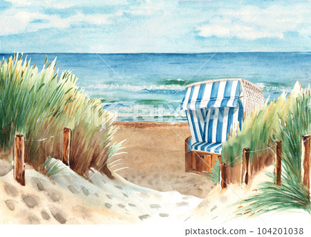 Baltic sea beach with sand dunes and hooded beach chair, Strandkorb. Ostsee Panorama. Sunny Weather, blue sky with clouds. Hand drawn watercolor illustration. 104201038