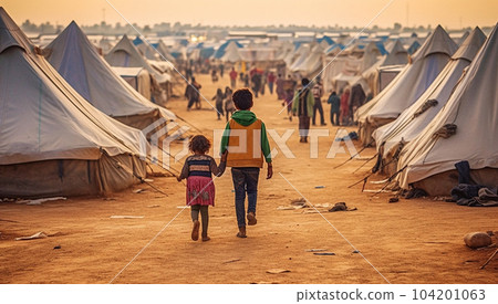 Refugees migrate in camp flee to another country because of the war. To Europe. 104201063