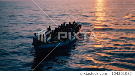 Refugees concept. Boat with refugees at sea,Overload boad with people flee to another country because of the war. Refugees concept. Boat with refugees at sea,Overload boad with people flee to another country because of the war. 104201083