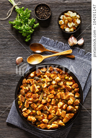 retro okra and rice casserole in baking dish 104201147