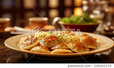 Delicious pelmeni, dumplings, ravioli, for menu in restaurant, banners, social media Delicious pelmeni, dumplings, ravioli, for menu in restaurant, banners, social media 104201170