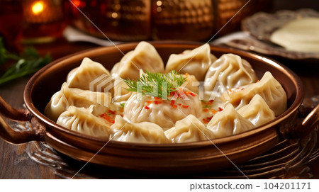 Delicious pelmeni, dumplings, ravioli, for menu in restaurant, banners, social media 104201171