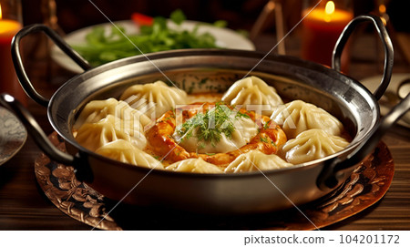 Delicious pelmeni, dumplings, ravioli, for menu in restaurant, banners, social media 104201172