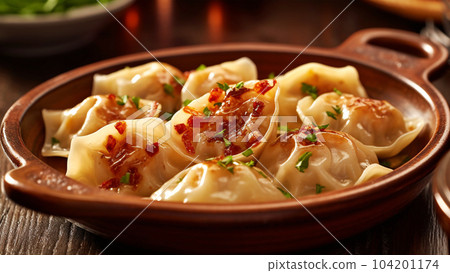 Delicious pelmeni, dumplings, ravioli, for menu in restaurant, banners, social media 104201174