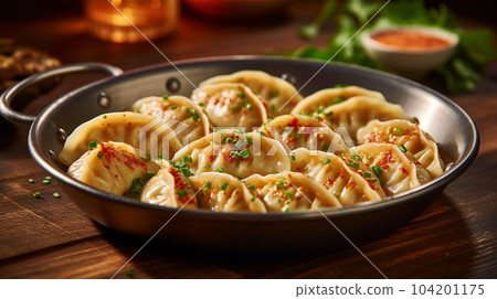 Delicious pelmeni, dumplings, ravioli, for menu in restaurant, banners, social media 104201175