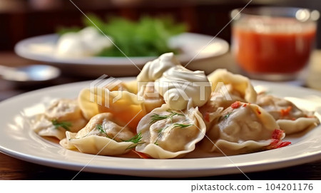 Delicious pelmeni, dumplings, ravioli, for menu in restaurant, banners, social media Delicious pelmeni, dumplings, ravioli, for menu in restaurant, banners, social media 104201176