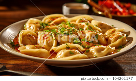 Delicious pelmeni, dumplings, ravioli, for menu in restaurant, banners, social media 104201177