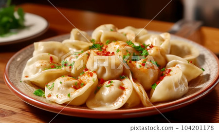 Delicious pelmeni, dumplings, ravioli, for menu in restaurant, banners, social media Delicious pelmeni, dumplings, ravioli, for menu in restaurant, banners, social media 104201178