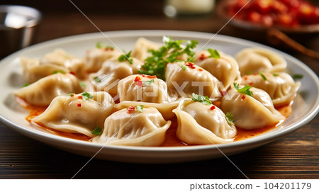Delicious pelmeni, dumplings, ravioli, for menu in restaurant, banners, social media 104201179