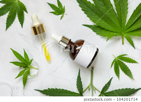 Dropper bottle with blank label near green cannabis leaves on white table. Cosmetic Mockup Dropper bottle with blank label near green cannabis leaves on white table. Cosmetic Mockup 104201714