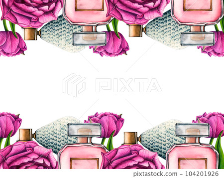 Watercolor frame floral perfume bottle with violet tulips, pink peony. Hand drawn botanical illustration of aroma spray 104201926
