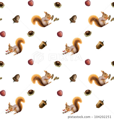 Red squirrel with pine cones, acorns, berries and chestnuts watercolor seamless pattern on white background fabric, scrapbooking, bed linen designs 104202251