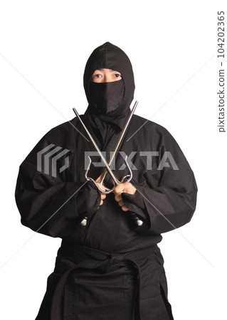 Asian Man Wearing Ninja Martial Arts Uniform Asian Man Wearing Ninja Martial Arts Uniform 104202365
