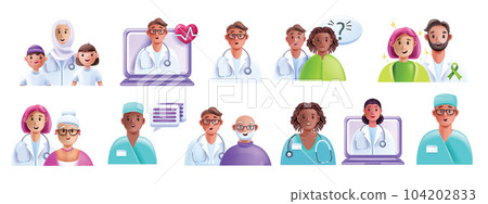 3D doctor patient icon set, medical vector clinic cartoon character, professional diverse team.  104202833