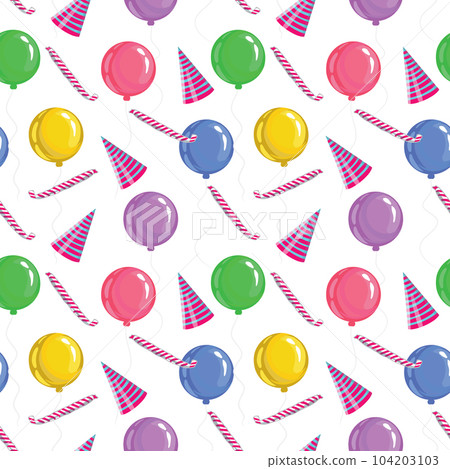 Multi-colored balloons, birthday pipes, holiday hats. Seamless vector pattern for congratulations. Greeting cards, holiday banners, wrapping paper. 104203103