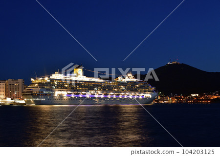 Photographing the scenery of the cruise ship Costa Serena calling at Hakodate Port in Hakodate City, Hokkaido in early summer 104203125