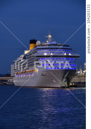 Photographing the scenery of the cruise ship Costa Serena calling at Hakodate Port in Hakodate City, Hokkaido in early summer 104203131