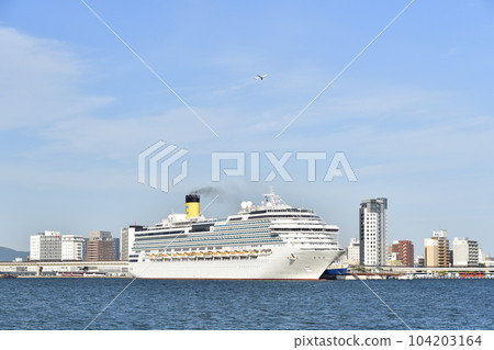 Photographing the scenery of the cruise ship Costa Serena calling at Hakodate Port in Hakodate City, Hokkaido in early summer 104203164