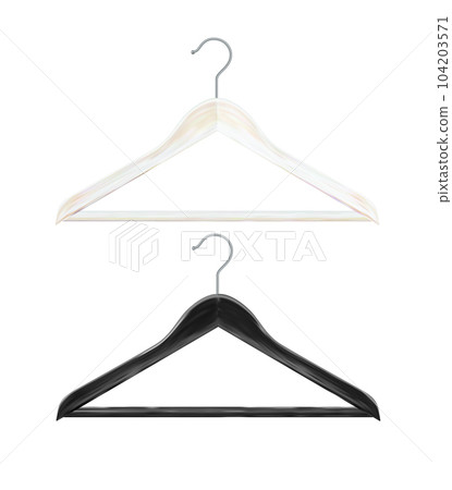 Wooden clothes hangers Clothes hanger made of white and ebony wood. clothes hanger wooden hanger closeup isolated on background. Design template, clipart or layout for graphics. Vector 104203571