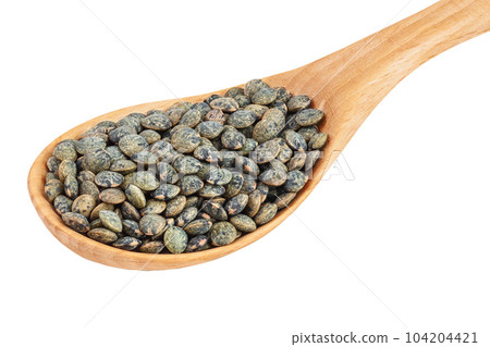 raw french green lentils in wooden spoon isolated on white background with full depth of field raw french green lentils in wooden spoon isolated on white background with full depth of field 104204421