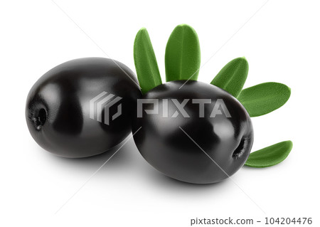 Black olives with leaves isolated on a white background with full depth of field. Black olives with leaves isolated on a white background with full depth of field. 104204476