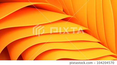 3d render abstract yellow orange layered background. Fashion wallpaper with folded ribbons, wave texture paper or fabric roll edges. Elegant textile layers, geometry art lines pattern. 3D illustration 104204570